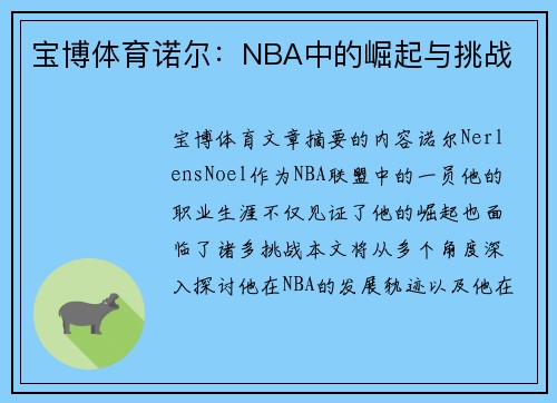 宝博体育诺尔：NBA中的崛起与挑战