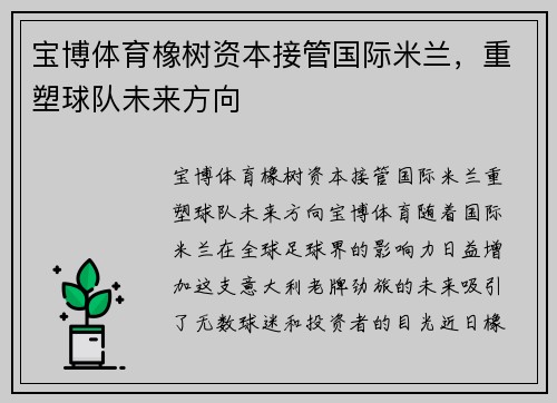 宝博体育橡树资本接管国际米兰，重塑球队未来方向