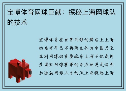 宝博体育网球巨献：探秘上海网球队的技术
