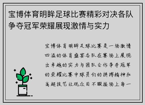 宝博体育明眸足球比赛精彩对决各队争夺冠军荣耀展现激情与实力